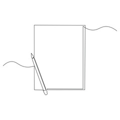 a simple line drawing of a blank sheet of paper with a pencil resting diagonally on it. Illustration design for discussions related to writing, drawing, education, or office work