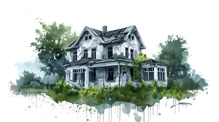 Abandoned Watercolor Mansion Enveloped by Overgrown Garden with Broken Windows