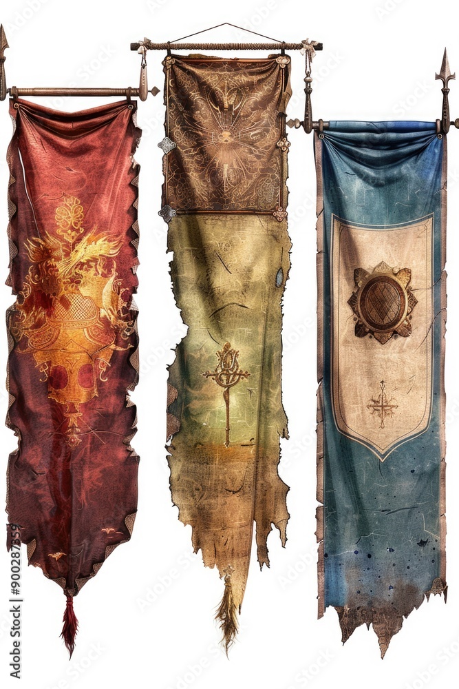Poster a row of four different colored banners hanging from a rope