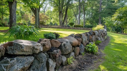 Historic stone wall with granite rocks as decorative border for estate and wildlife habitat