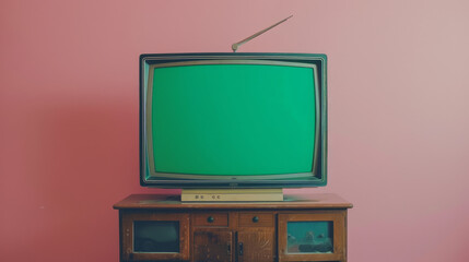 Green screen television. A TV with a green screen mounted on the wall.