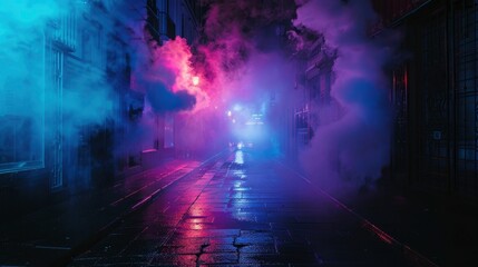 Naklejka premium Dark street, night smog and smoke neon light. Dark background of the night city, ray of light in the dark. Gloomy dark background - generative ai