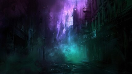 Dark street, night smog and smoke neon light. Dark background of the night city, ray of light in the dark. Gloomy dark background - generative ai
