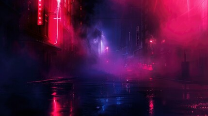 Dark street, night smog and smoke neon light. Dark background of the night city, ray of light in the dark. Gloomy dark background - generative ai