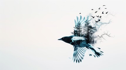 Fototapeta premium Artistic double exposure of birds in flight and natural habitats, emphasizing the connection between avian grace and the environment, high-quality resolution, dynamic contrasts, immersive and