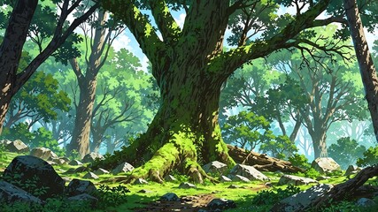 Obraz premium ancient forest with mosscovered trees anime