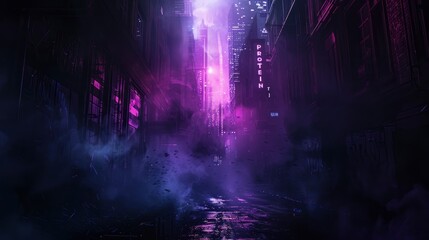 Naklejka premium Dark street, night smog and smoke neon light. Dark background of the night city, ray of light in the dark. Gloomy dark background - generative ai