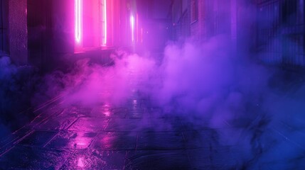 Dark street, night smog and smoke neon light. Dark background of the night city, ray of light in the dark. Gloomy dark background - generative ai