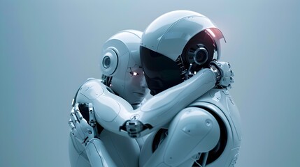 Fototapeta premium Futuristic Cyborg Couple Embracing in Tender Tech Romance