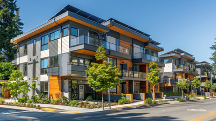 Sleek apartment complex with balconies and solar panels. Multifamily housing with a contemporary exterior design.