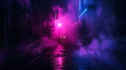 Naklejka premium Dark street, night smog and smoke neon light. Dark background of the night city, ray of light in the dark. Gloomy dark background - generative ai