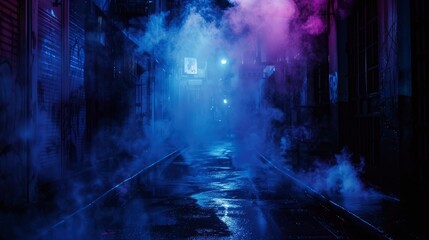 Naklejka premium Dark street, night smog and smoke neon light. Dark background of the night city, ray of light in the dark. Gloomy dark background - generative ai