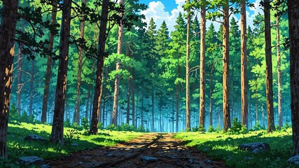 boreal forest with pine trees anime