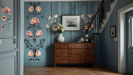 A light blue three door cabinet standing under gray staircase against a wall with flower wallpaper in a hall interior. Real photo Generative AI