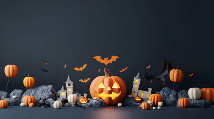 Haunting Halloween Backdrop with Pumpkins,Bats,and Castle for Product Presentation