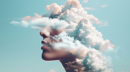 Stunning double exposure of a face intertwined with fluffy clouds, symbolizing imagination and tranquility, high-resolution, rich textures, lifelike and mesmerizing composition