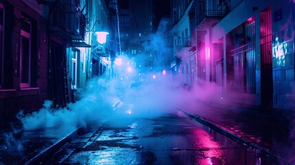 Dark street, night smog and smoke neon light. Dark background of the night city, ray of light in the dark. Gloomy dark background - generative ai