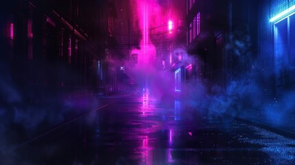 Dark street, night smog and smoke neon light. Dark background of the night city, ray of light in the dark. Gloomy dark background - generative ai