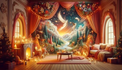 Obraz premium Interior of St Mary's Church decorated for Christmas with an ornate altar, stained glass windows, and a golden cross