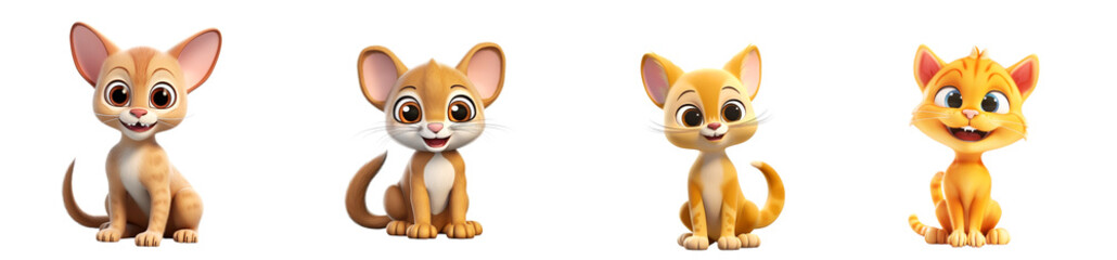 Adorable Cartoon Kittens with Big Eyes and Cute Expressions in Various Poses , on transparent background