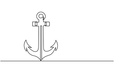 Continuous line drawing of sea anchor, Large sea anchor of the ship. Set of sea ocean elements. Continuous one line drawing of anchor banner. Linear style