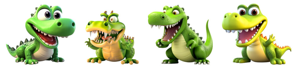 Naklejka premium Four Cute Cartoon Green Dinosaurs with Different Expressions and Poses , on transparent background