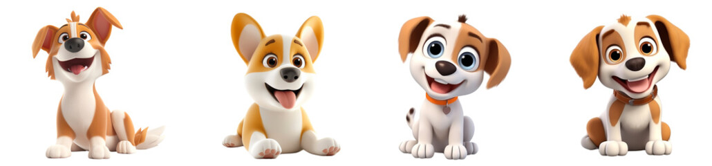 Fototapeta premium Cute Cartoon Dogs with Different Expressions and Breeds , on transparent background