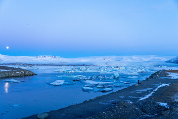 Panoramic view of Jokulsarlon ice lake at night in winter. Iceland