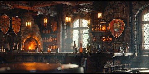 Obraz premium A bar counter with a variety of bottles lined up