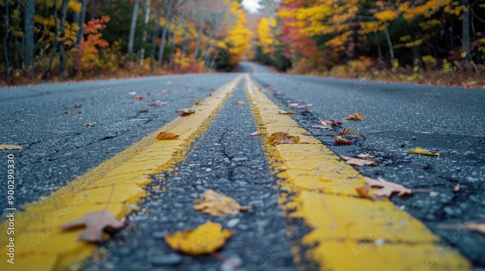 Poster a yellow line marks the path through a dense forest, perfect for maps, travel or adventure themes