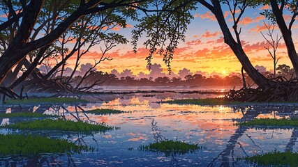 mangrove swamp at sunrise anime