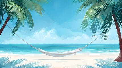 Naklejka premium Peaceful Tropical Beach Hammock Amidst Swaying Palm Trees in Watercolor Atmosphere