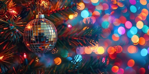 A sparkling disco ball ornament on a Christmas tree, surrounded by colorful bokeh lights for a festive atmosphere.