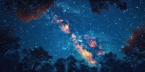 A stunning view of a starry night sky, showcasing vibrant galaxies and twinkling stars framed by silhouetted trees.