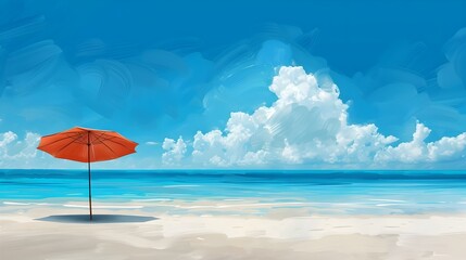 Serene Seaside Sanctuary:Watercolor-Style Beach Umbrella Overlooking Turquoise Ocean Waves
