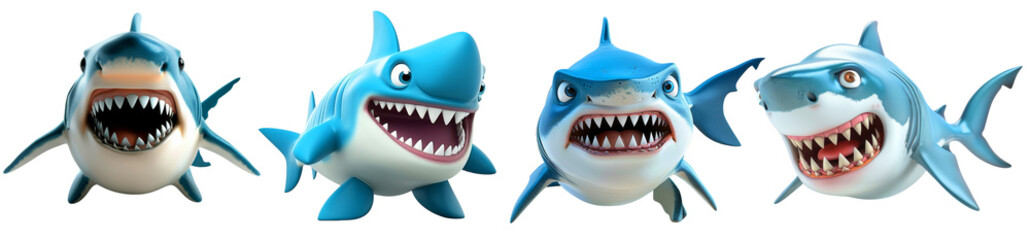 Animated Cartoon Sharks with Different Expressions and Open Mouths Showing Teeth , on transparent background