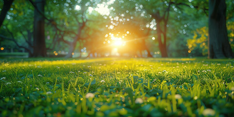 Obraz premium Beautiful spring landscape with lawn of lush in natural sunlight background