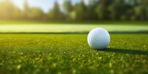 Obraz premium Close-up of a white golf ball resting on lush green grass under soft sunlight, capturing the essence of the sport.