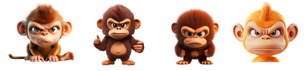 Cute and Expressive Cartoon Monkeys with Different Emotions and Color Variations , on transparent background