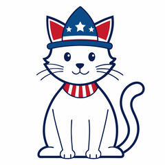 Adorable American Cat in Patriotic Hat: Vector Line Art on White Background