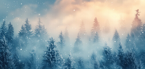 Naklejka premium Christmas and New Year abstract festive background with winter forest and snowflakes