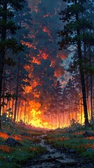 wildfire burning in a forest anime