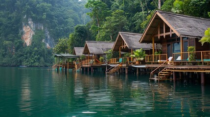 Obraz premium Exotic Waterfront Resort Amidst the Lush Landscapes.