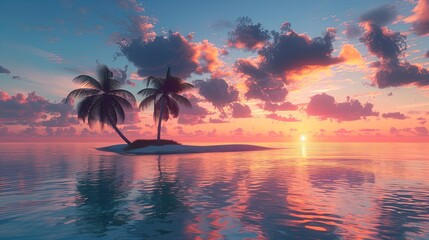 Obraz premium Beautiful Sunset Over Calm Ocean With Small Island and Palm Trees - Perfect for Travel and Nature Posters