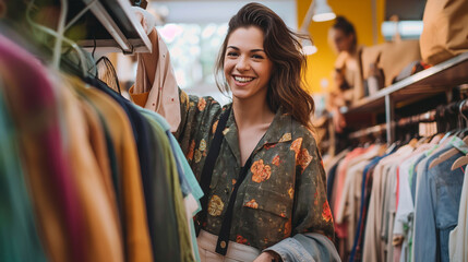 A smiling retail associate arranging clothes on a rack in a brightly lit fashion store.