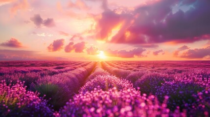 Landscape with violet lavender flower field at sunset. The enchanting beauty of Lavender Fields