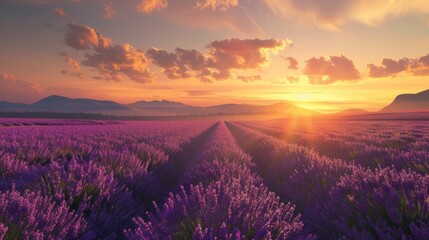 Fototapeta premium Landscape with violet lavender flower field at sunset. The enchanting beauty of Lavender Fields