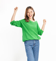 Smiling cheerful Asian girl standing and Raise your hand with enjoys freedom on white background.