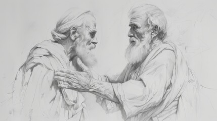 Scene of Moses warmly greeting Jethro, bold pencil sketch, minimalist, soft beige, boho aesthetic Biblical illustration for Exodus