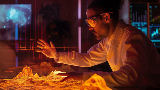 A space scientist analyzing data from a Mars rover mission, 3D holographic models of the Martian surface.